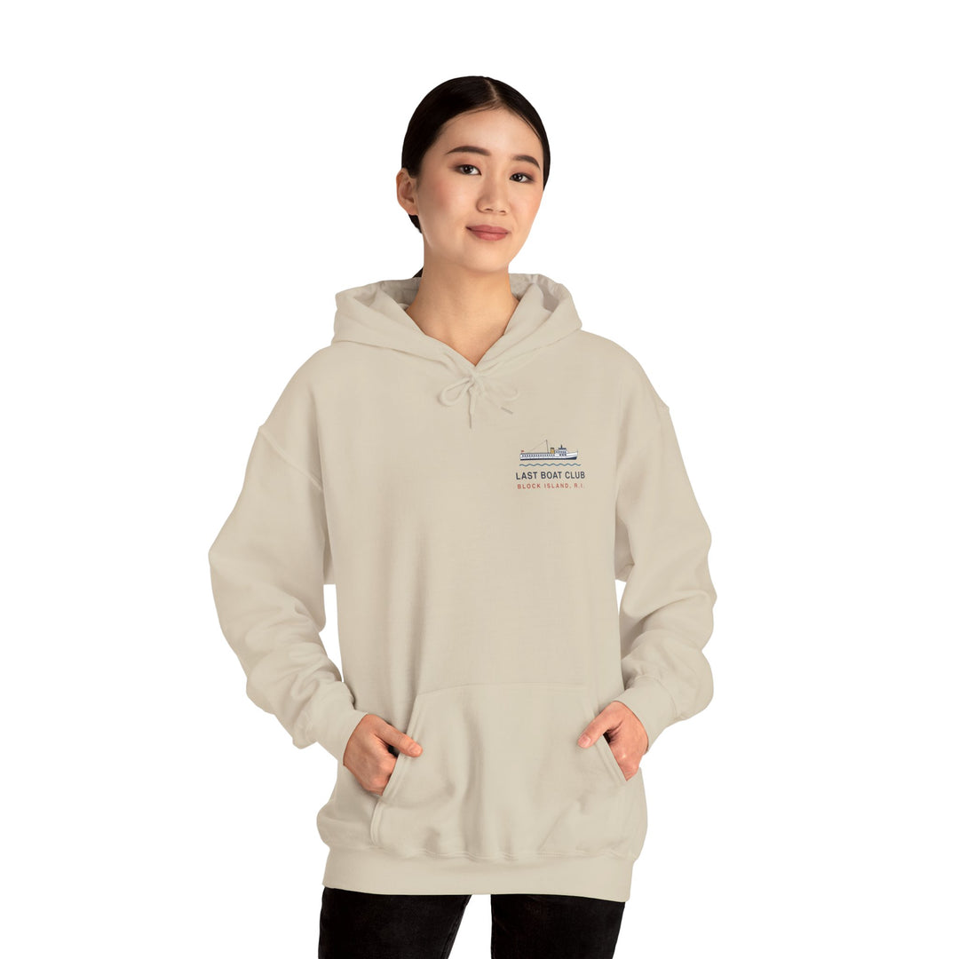 Last Boat Club hoodie: M/V BLOCK ISLAND ferry against a striped sunset, Block Island R.I. — view 24