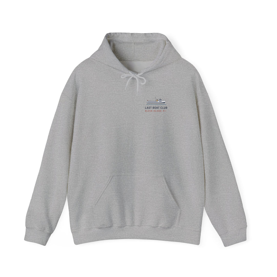 Last Boat Club hoodie: M/V BLOCK ISLAND ferry against a striped sunset, Block Island R.I. — view 3