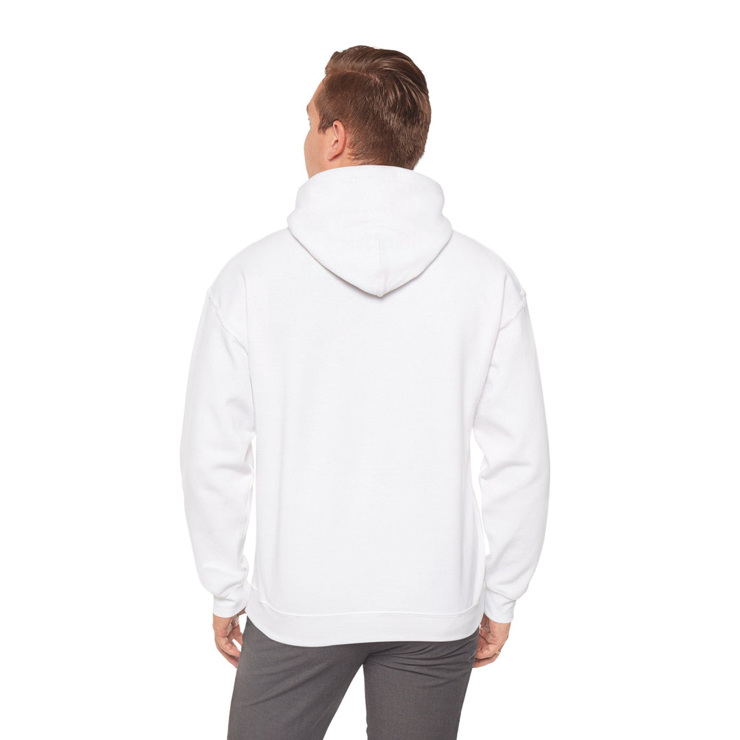 Back view of a man wearing the white Block Island hoodie with a plain back and the hood down