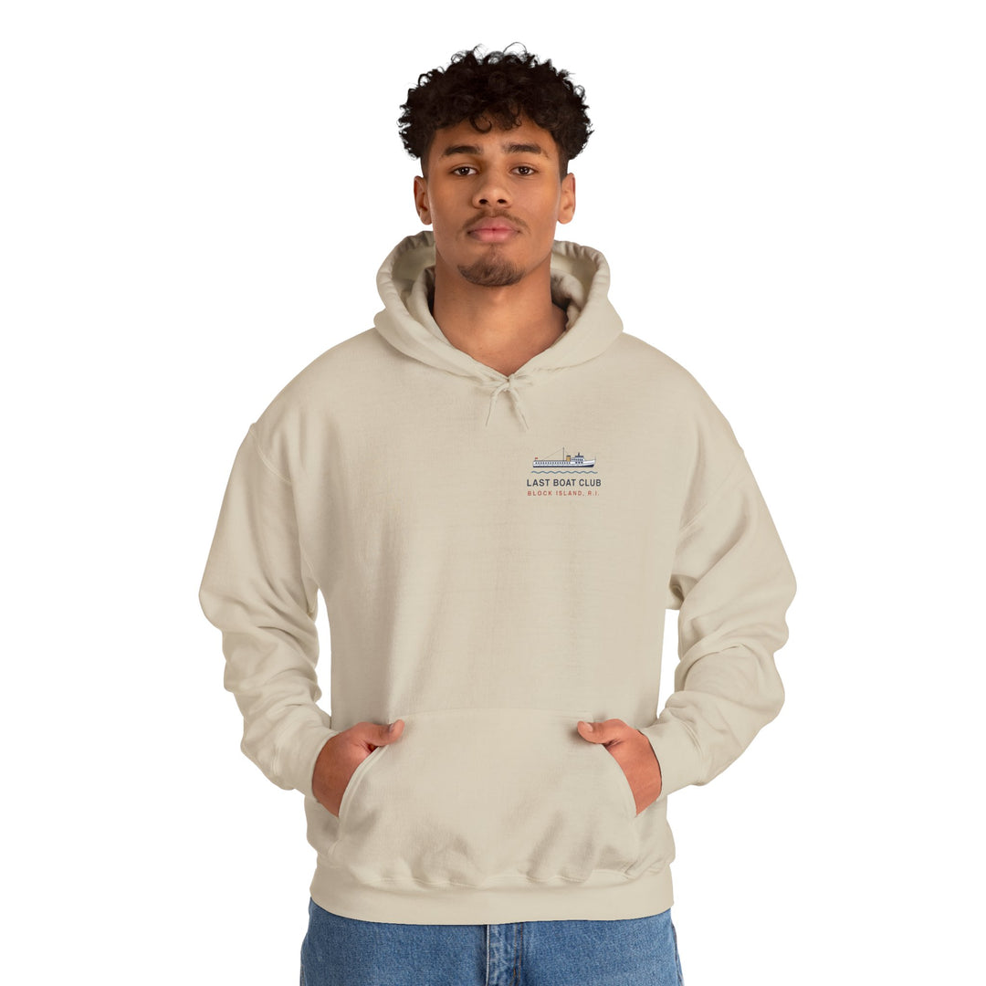 Last Boat Club hoodie: M/V BLOCK ISLAND ferry against a striped sunset, Block Island R.I. — view 25