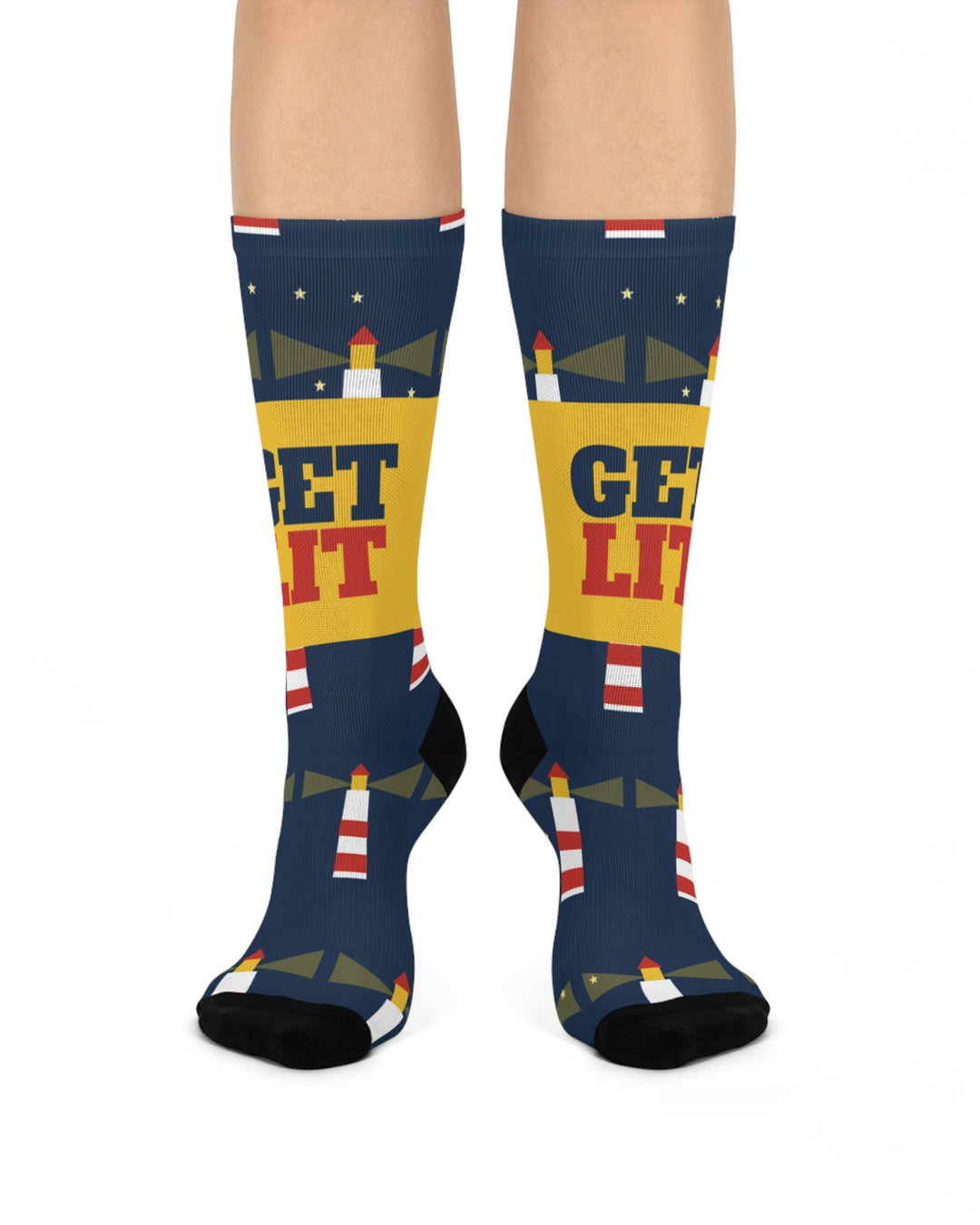 BlockBoundRI Get Lit lighthouse nautical crew socks on a standing model, navy with a yellow GET LIT band
