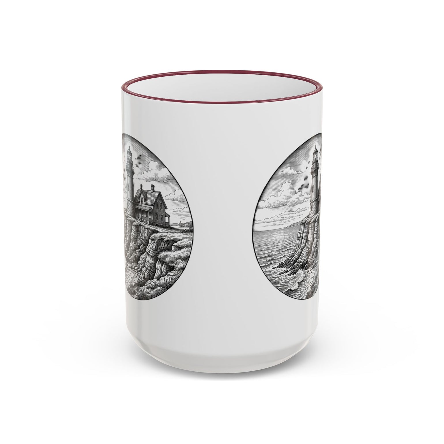 Southeast Light Mug, Block Island Lighthouse in Maroon, BlockBoundRI
