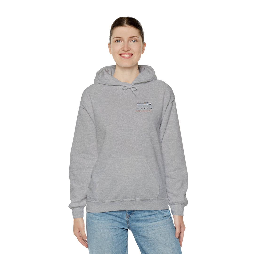 Last Boat Club hoodie: M/V BLOCK ISLAND ferry against a striped sunset, Block Island R.I. — view 39
