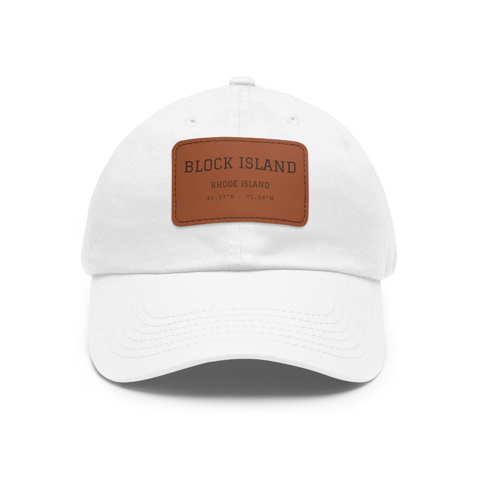 Block Island Coordinates Leather Patch Hat in White / Light Brown patch, BlockBoundRI