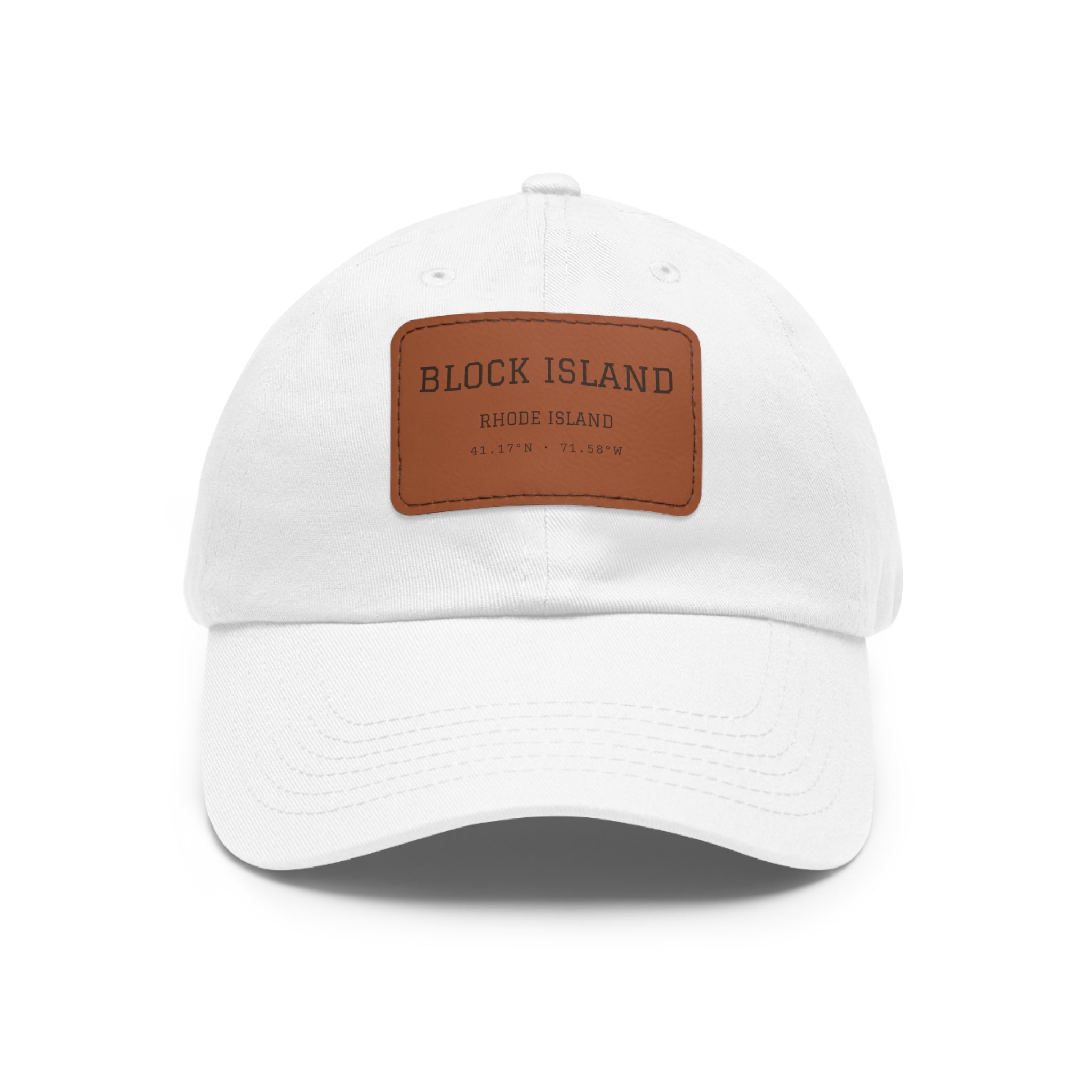 Block Island Coordinates Leather Patch Hat in White / Light Brown patch, BlockBoundRI