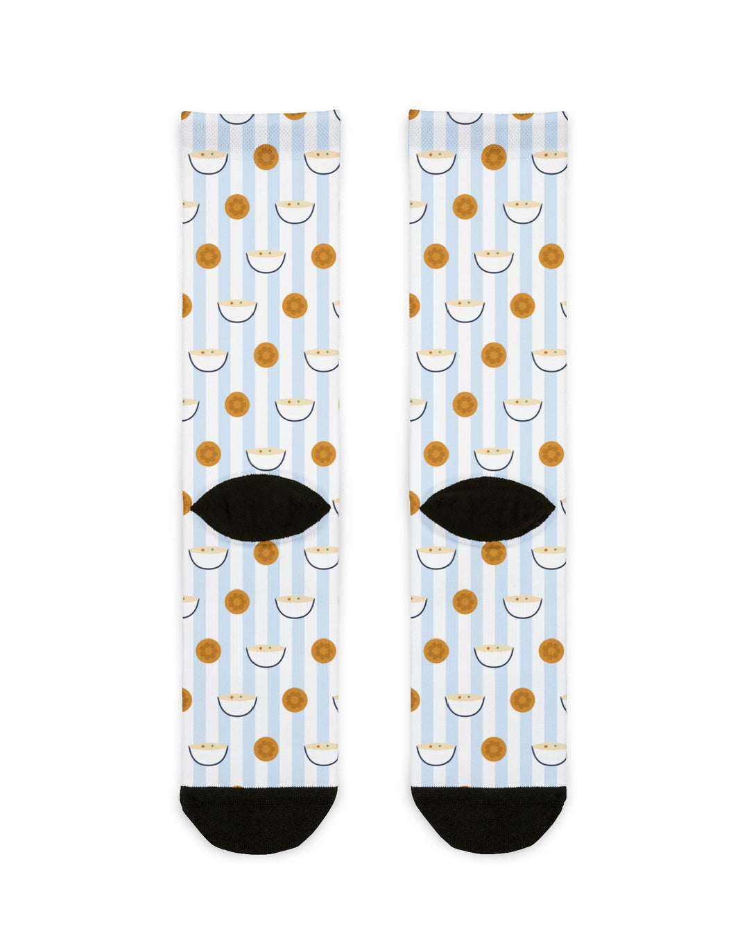 Back flat lay of Clam Cakes & Chowda crew socks showing black heels, clam cakes and clam shells on light blue stripes