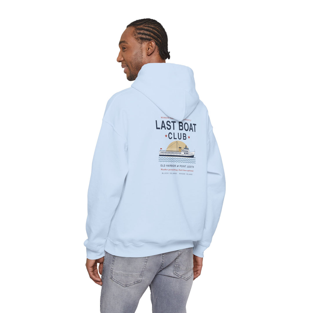 Last Boat Club hoodie: M/V BLOCK ISLAND ferry against a striped sunset, Block Island R.I. — view 56