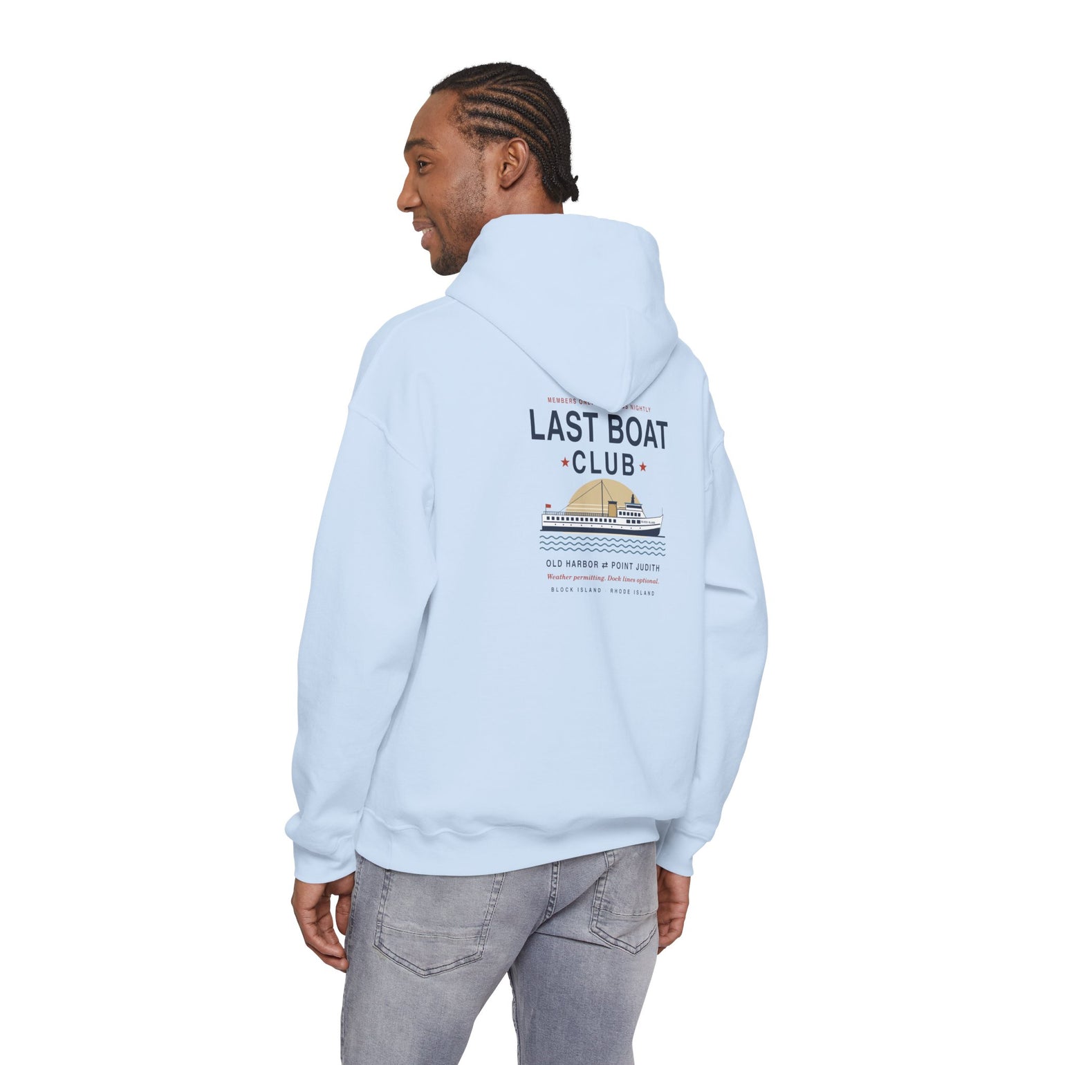 Last Boat Club hoodie: M/V BLOCK ISLAND ferry against a striped sunset, Block Island R.I. — view 56