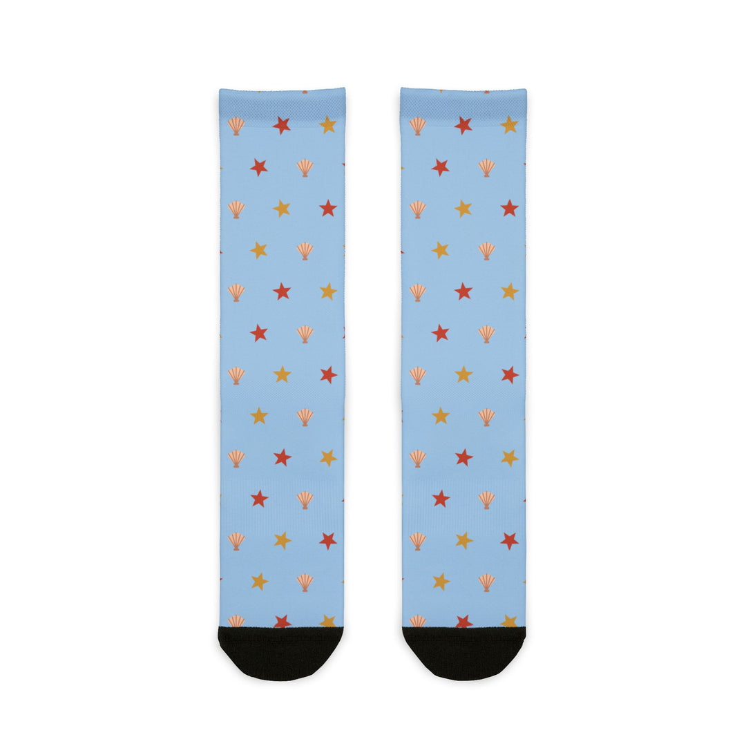 BlockBoundRI Beachcomber starfish and shell beach crew socks in light blue with black toes, front flat lay