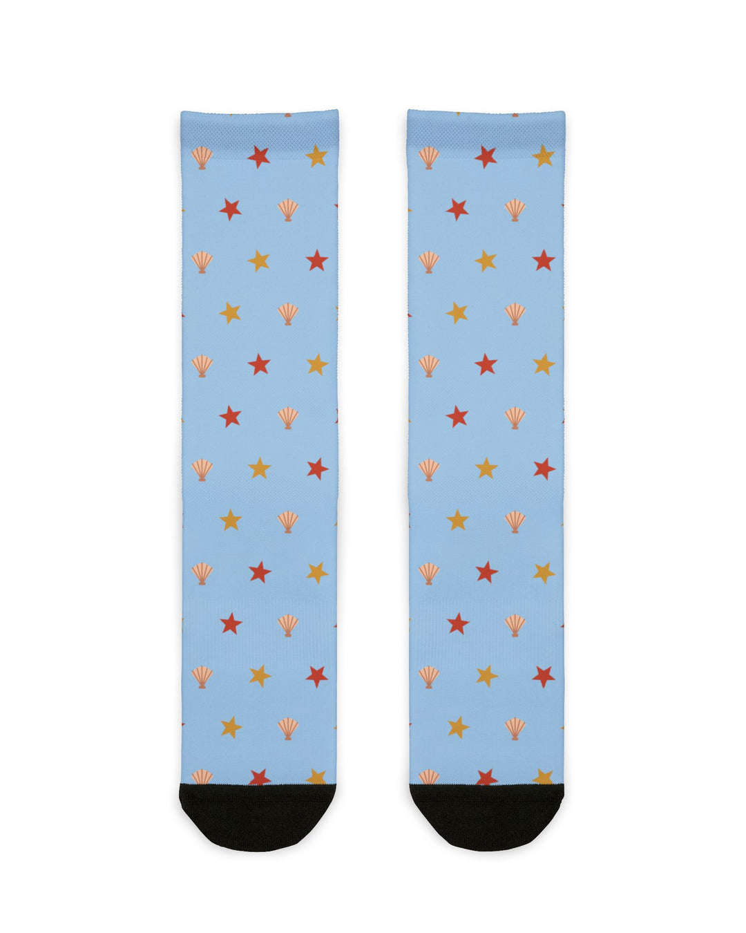 BlockBoundRI Beachcomber starfish and shell beach crew socks in light blue with black toes, front flat lay