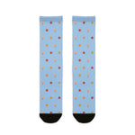 BlockBoundRI Beachcomber starfish and shell beach crew socks in light blue with black toes, front flat lay