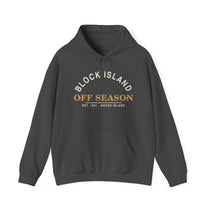 BlockBoundRI Block Island hoodie in dark heather with arched Block Island and gold Off Season print, front