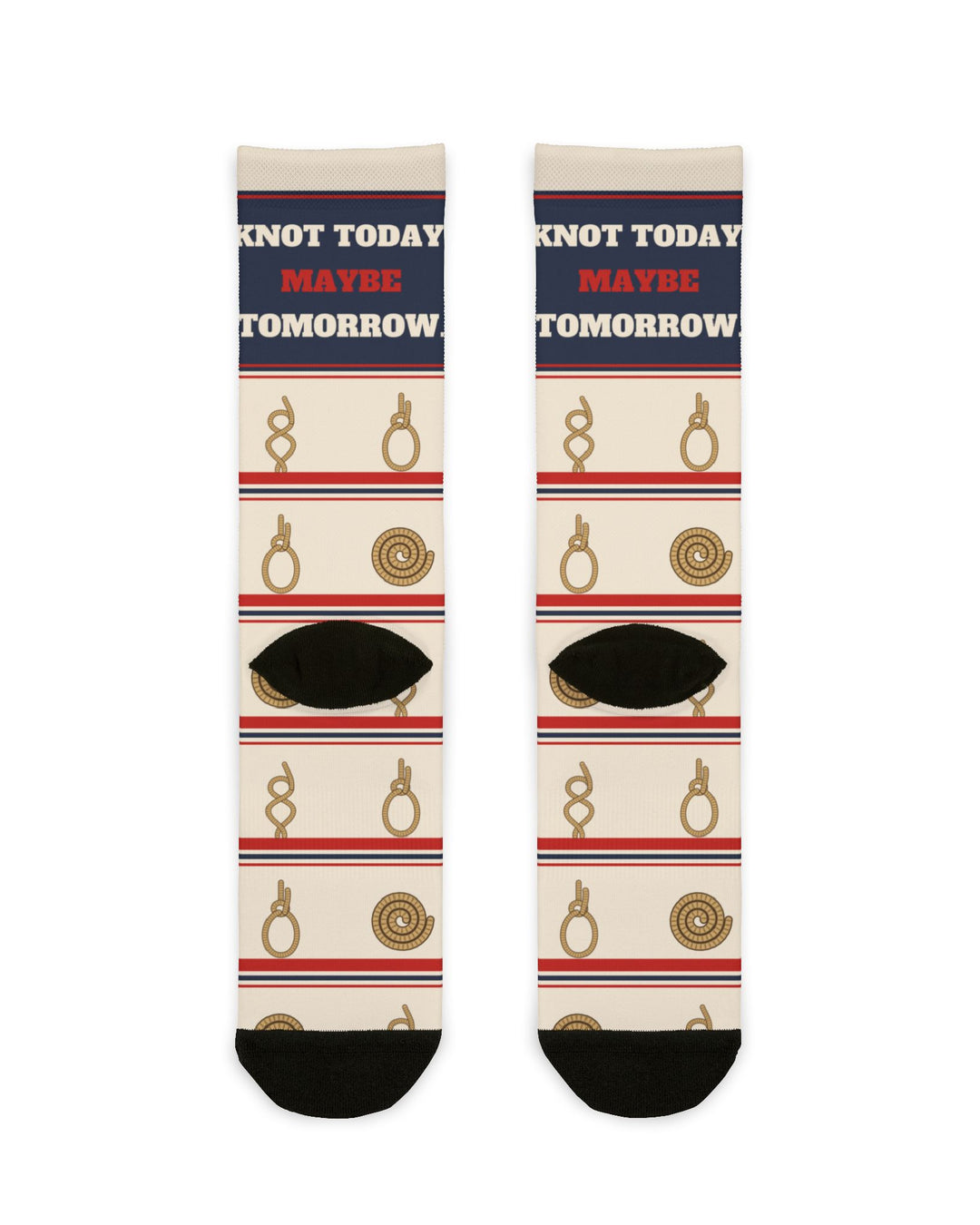 Back flat lay of Knot Today socks showing black heels, coiled rope and knot motifs with red and navy stripes
