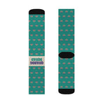 Pair of Quahog Squad funny beach socks flat, left sock showing the cream band, right sock showing its black heel