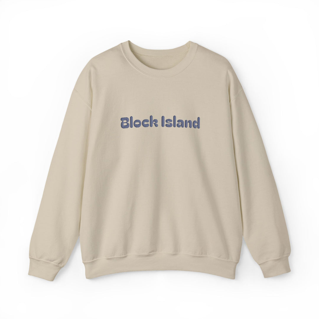 Crewneck sweatshirt with Block Island in raised puff print letters across the chest