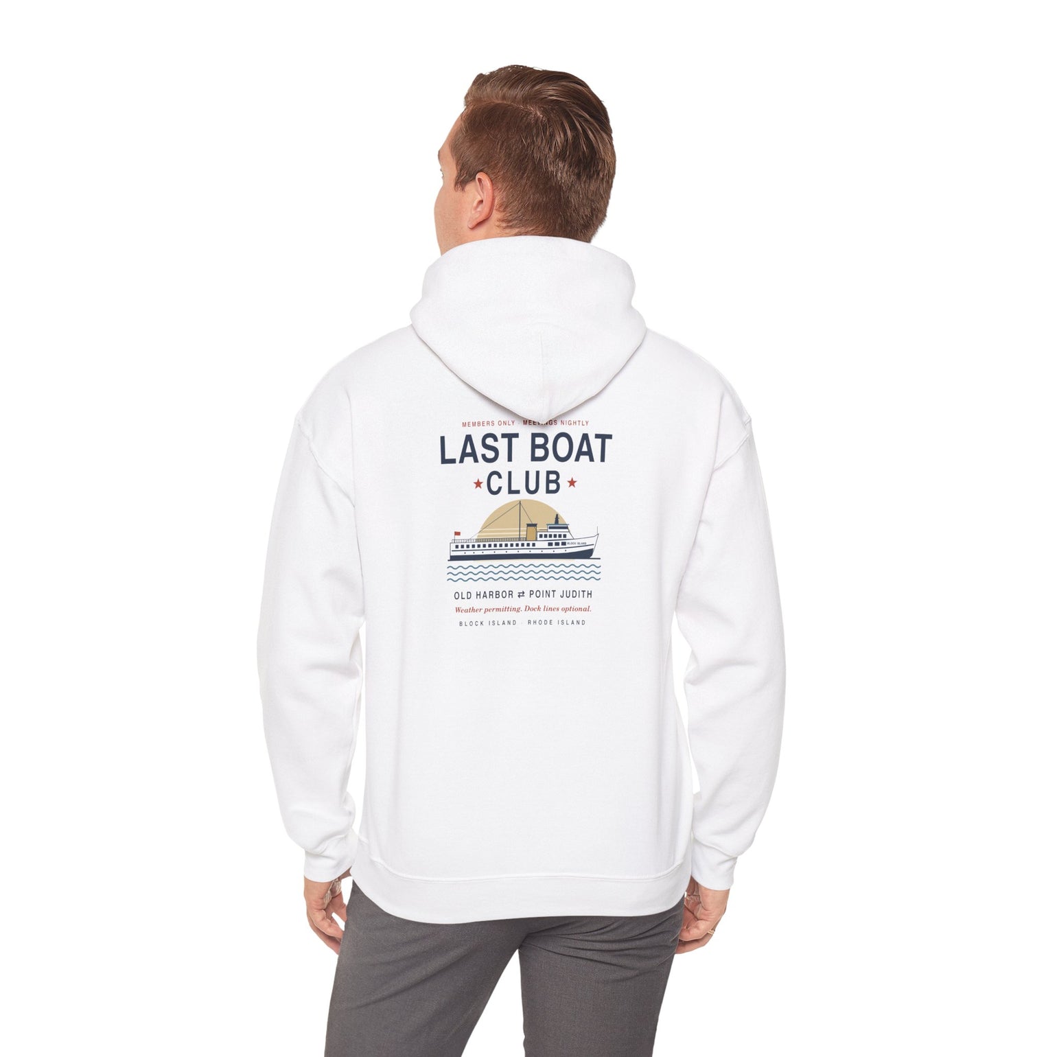 Last Boat Club hoodie: M/V BLOCK ISLAND ferry against a striped sunset, Block Island R.I. — view 15