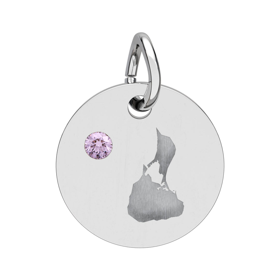 Round engraved Block Island charm with a cubic zirconia birthstone