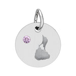 Round engraved Block Island charm with a cubic zirconia birthstone