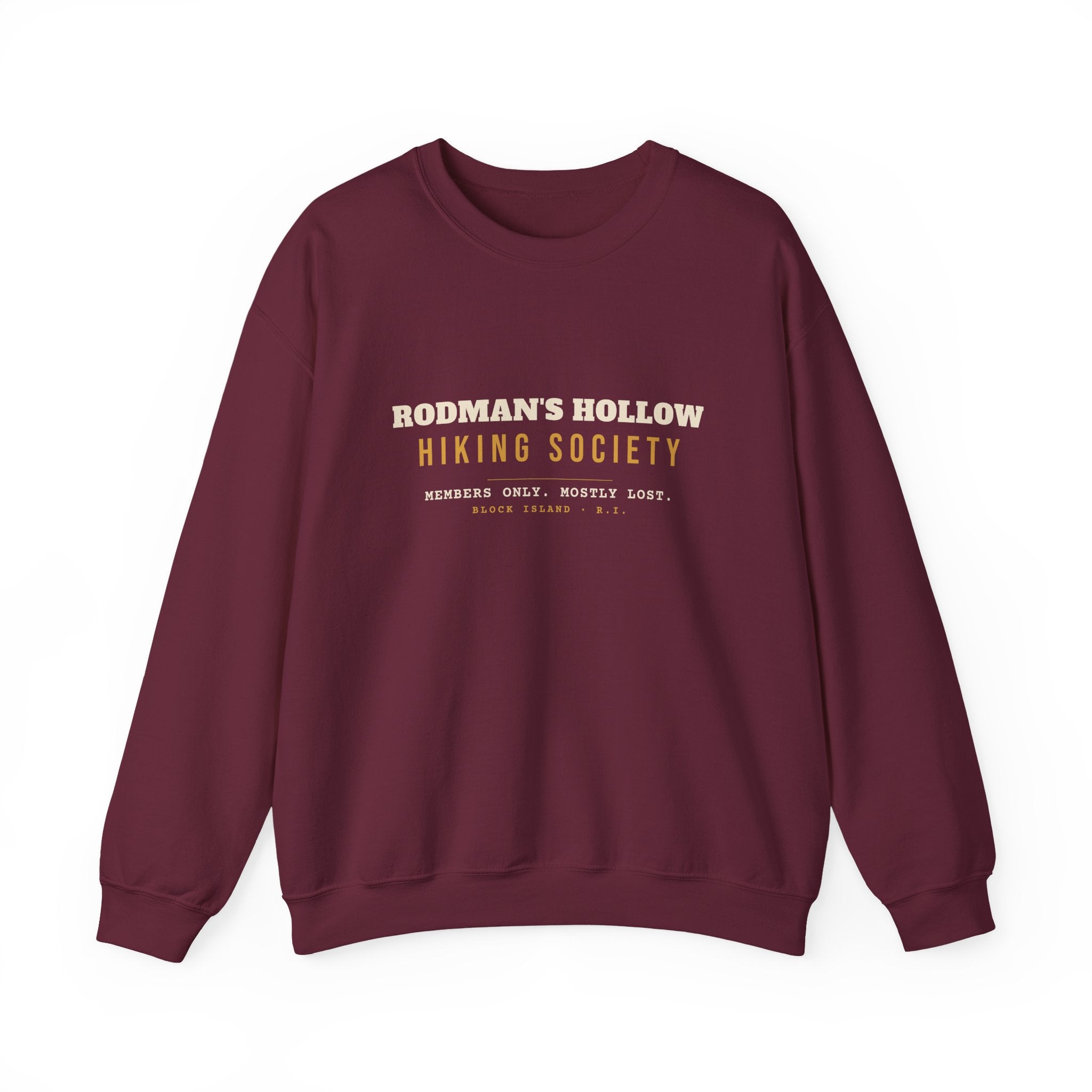 Rodman's Hollow Hiking Society Block Island crewneck sweatshirt in Maroon - BlockBoundRI