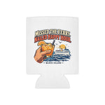 Flat reverse of the white Block Island can cooler with the same cocktail, ferry and Block Island banner print