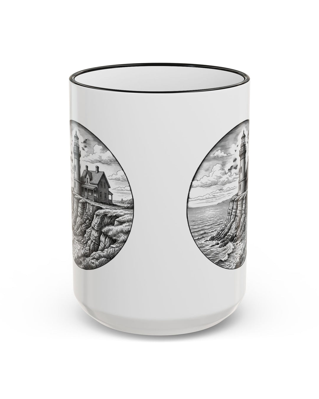 White Block Island lighthouse mug with black rim, back view of the Southeast Light engraving on both sides