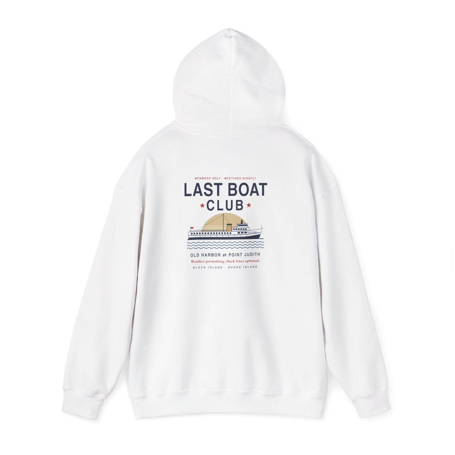 Last Boat Club hoodie: M/V BLOCK ISLAND ferry against a striped sunset, Block Island R.I. — view 6