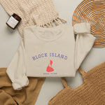 Crewneck sweatshirt with BLOCK ISLAND embroidered in arched varsity letters over a stitched Block Island map and RHODE ISLAND