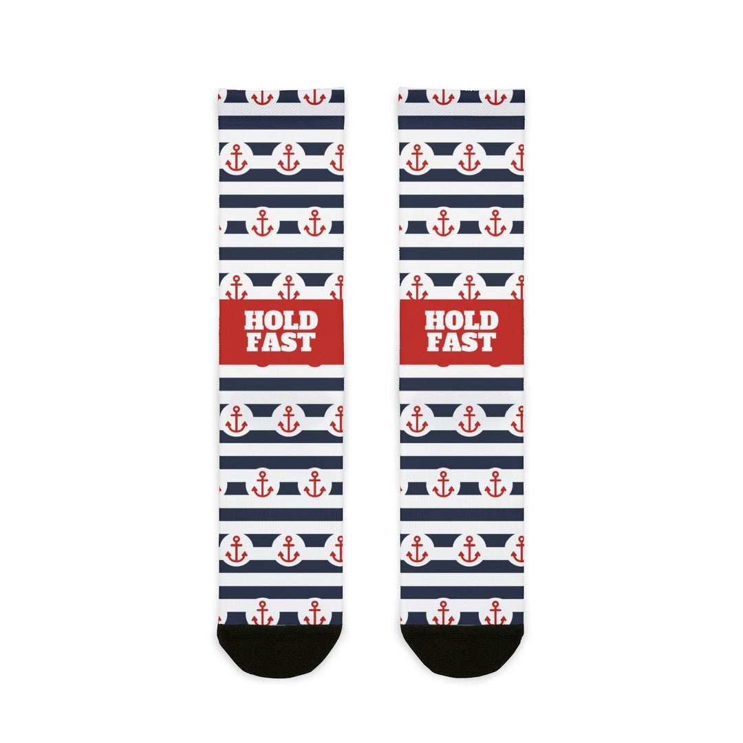 Hold Fast anchor socks flat lay, navy and white stripes with red anchors and a red Hold Fast panel, nautical crew socks