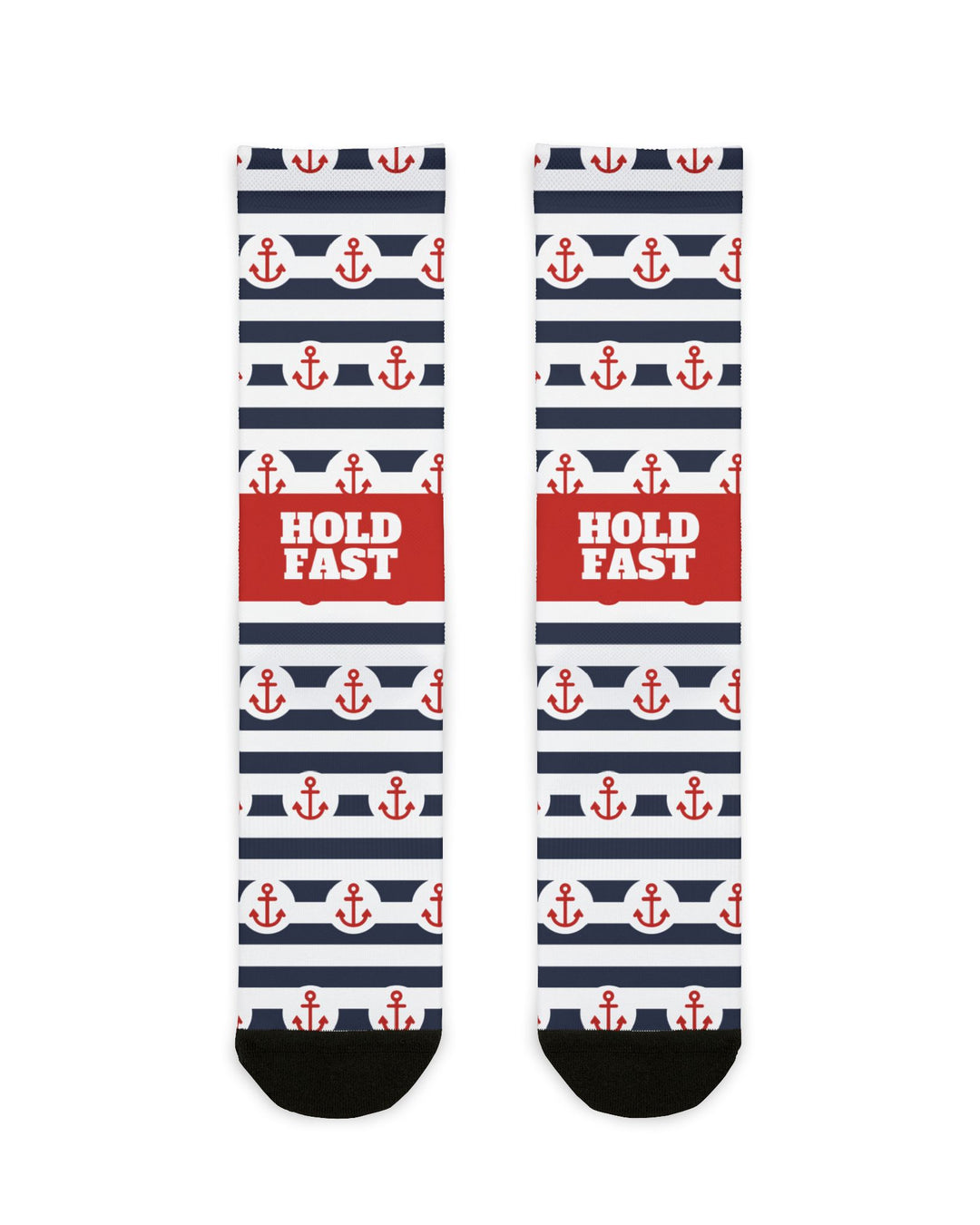 Hold Fast anchor socks flat lay, navy and white stripes with red anchors and a red Hold Fast panel, nautical crew socks