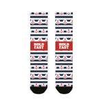 Hold Fast anchor socks flat lay, navy and white stripes with red anchors and a red Hold Fast panel, nautical crew socks