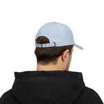 Back view of a man in a black hoodie wearing the Light Blue Block Island dad cap with buckle strap