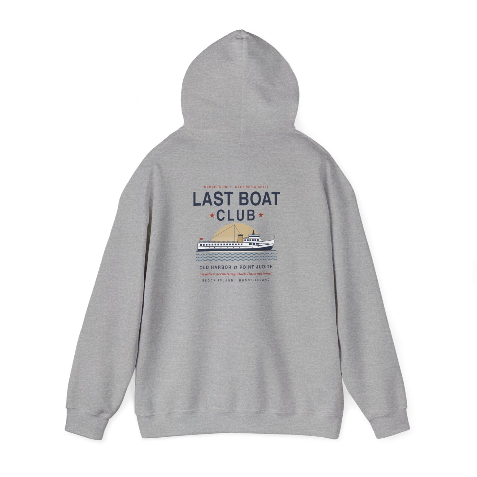 Last Boat Club hoodie: M/V BLOCK ISLAND ferry against a striped sunset, Block Island R.I. — view 32