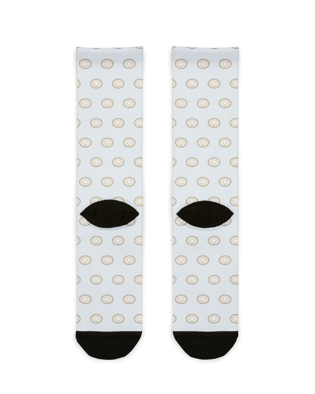 Back of white Rhode Island socks flat lay showing a subtle gray pattern and black heels and toes