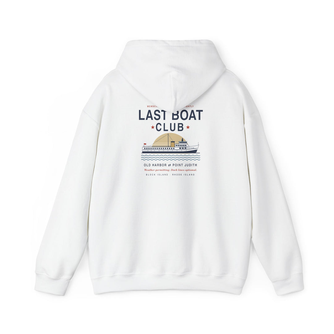 Last Boat Club hoodie: M/V BLOCK ISLAND ferry against a striped sunset, Block Island R.I. — view 5