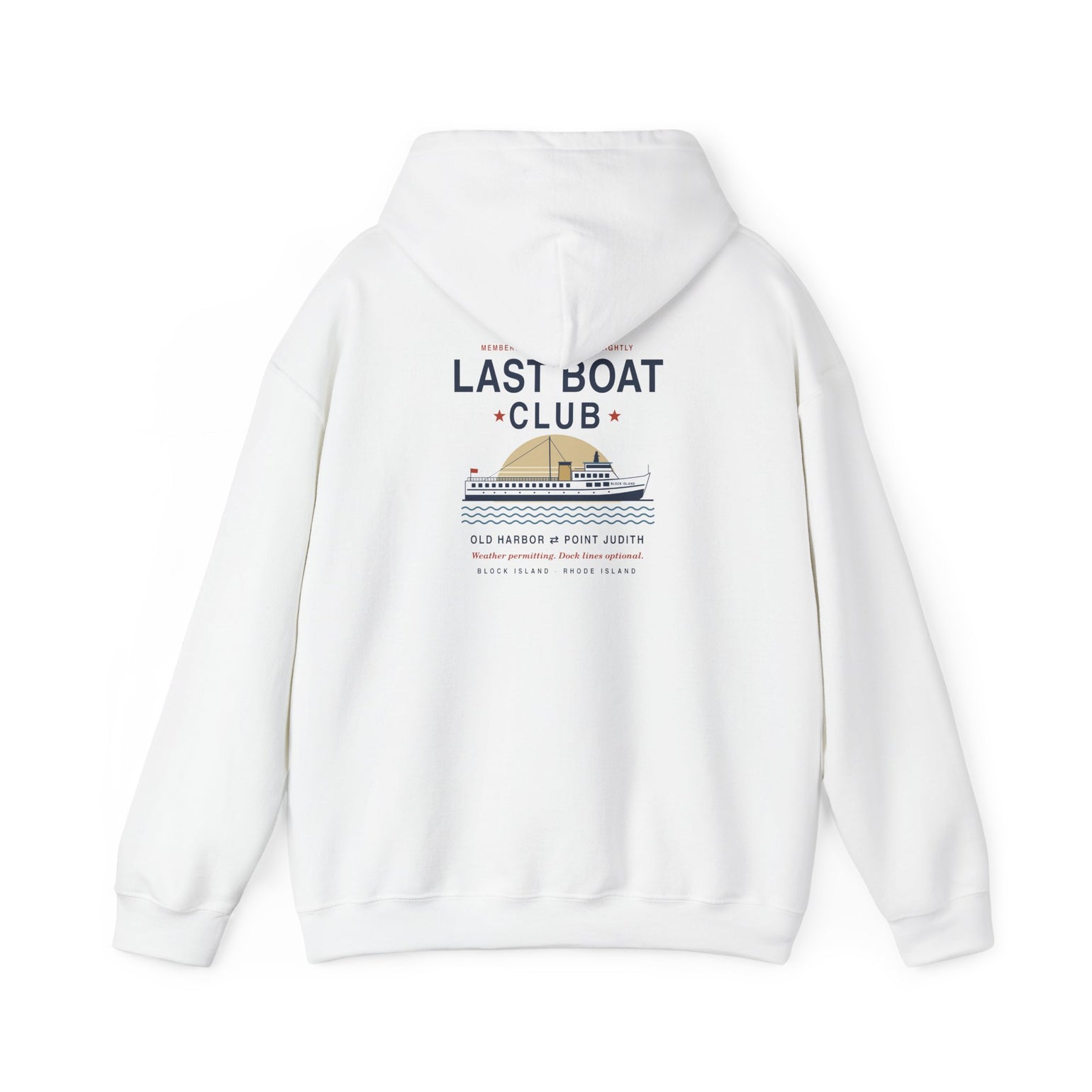 Last Boat Club hoodie: M/V BLOCK ISLAND ferry against a striped sunset, Block Island R.I. — view 5