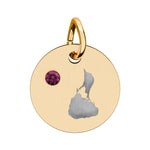Round engraved Block Island charm with a cubic zirconia birthstone