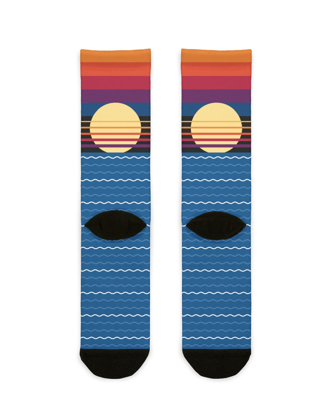 Back flat lay of Ocean State of Mind crew socks showing black heels, orange sunset cuff and blue wavy stripes