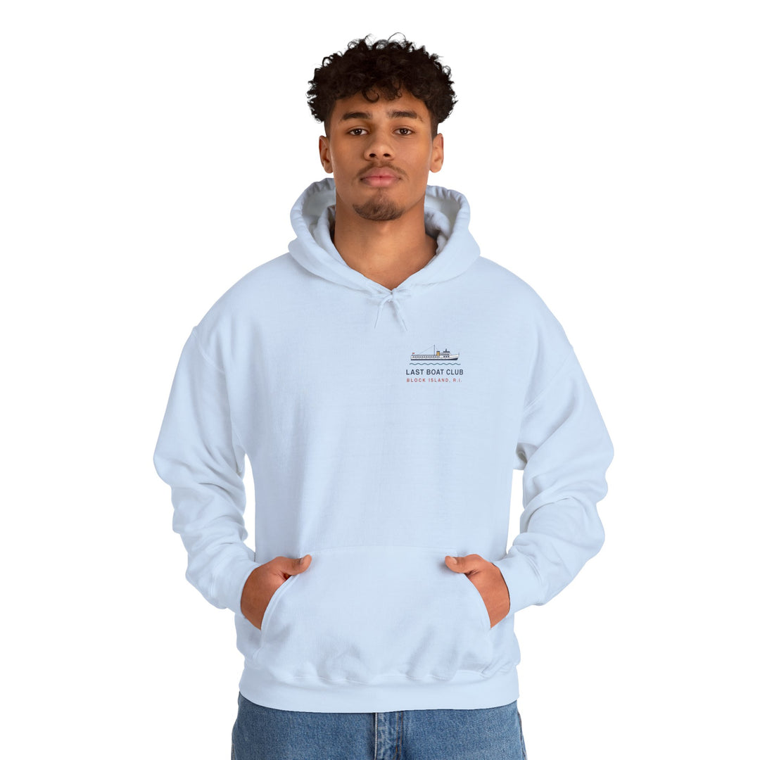 Last Boat Club hoodie: M/V BLOCK ISLAND ferry against a striped sunset, Block Island R.I. — view 51