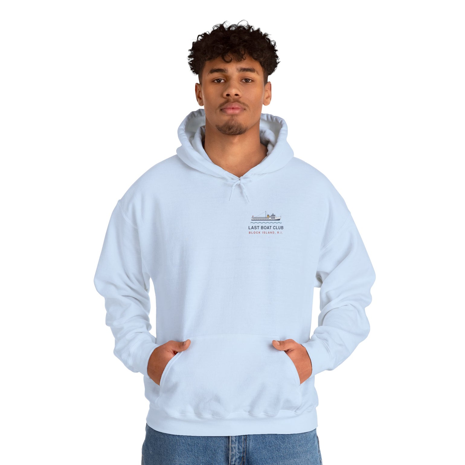 Last Boat Club hoodie: M/V BLOCK ISLAND ferry against a striped sunset, Block Island R.I. — view 51