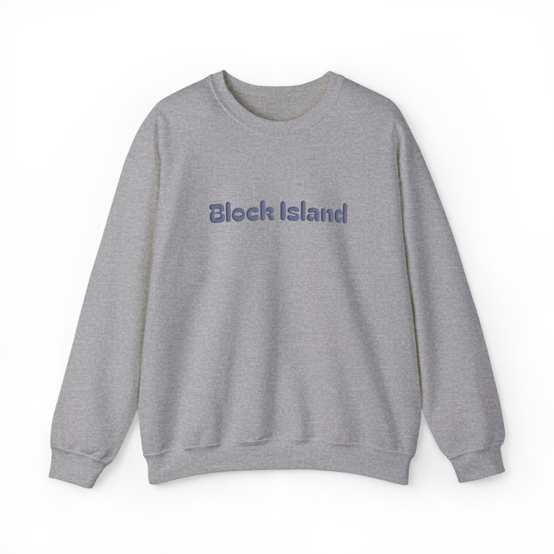 Crewneck sweatshirt with Block Island in raised puff print letters across the chest
