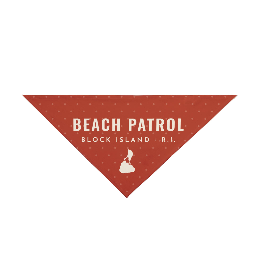 BlockBoundRI red Block Island dog bandana, small 20 x 10 size, printed Beach Patrol Block Island R.I. with island