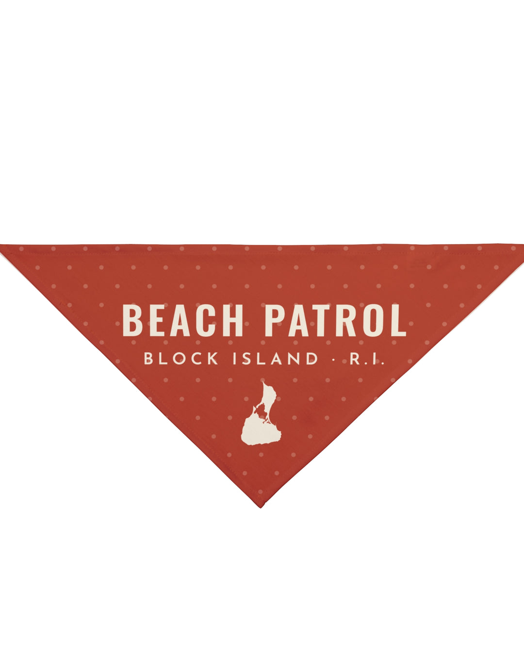BlockBoundRI red Block Island dog bandana, small 20 x 10 size, printed Beach Patrol Block Island R.I. with island