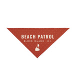 BlockBoundRI red Block Island dog bandana, small 20 x 10 size, printed Beach Patrol Block Island R.I. with island