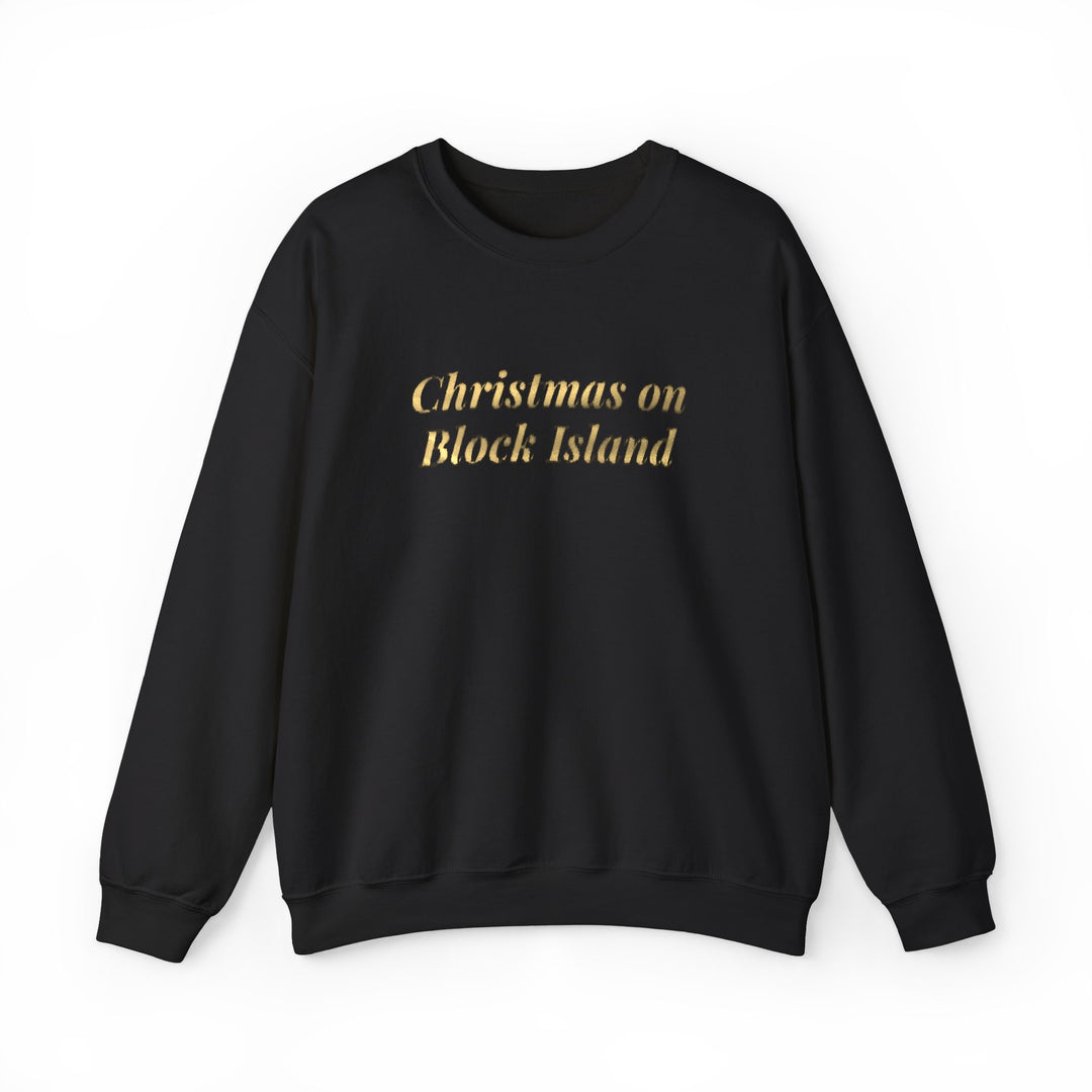 Crewneck sweatshirt with Christmas on Block Island in gold metallic italic lettering