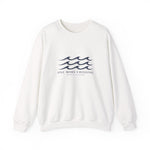 BlockBoundRI One More Crossing Block Island sweatshirt in white with navy wave graphic, front flat lay