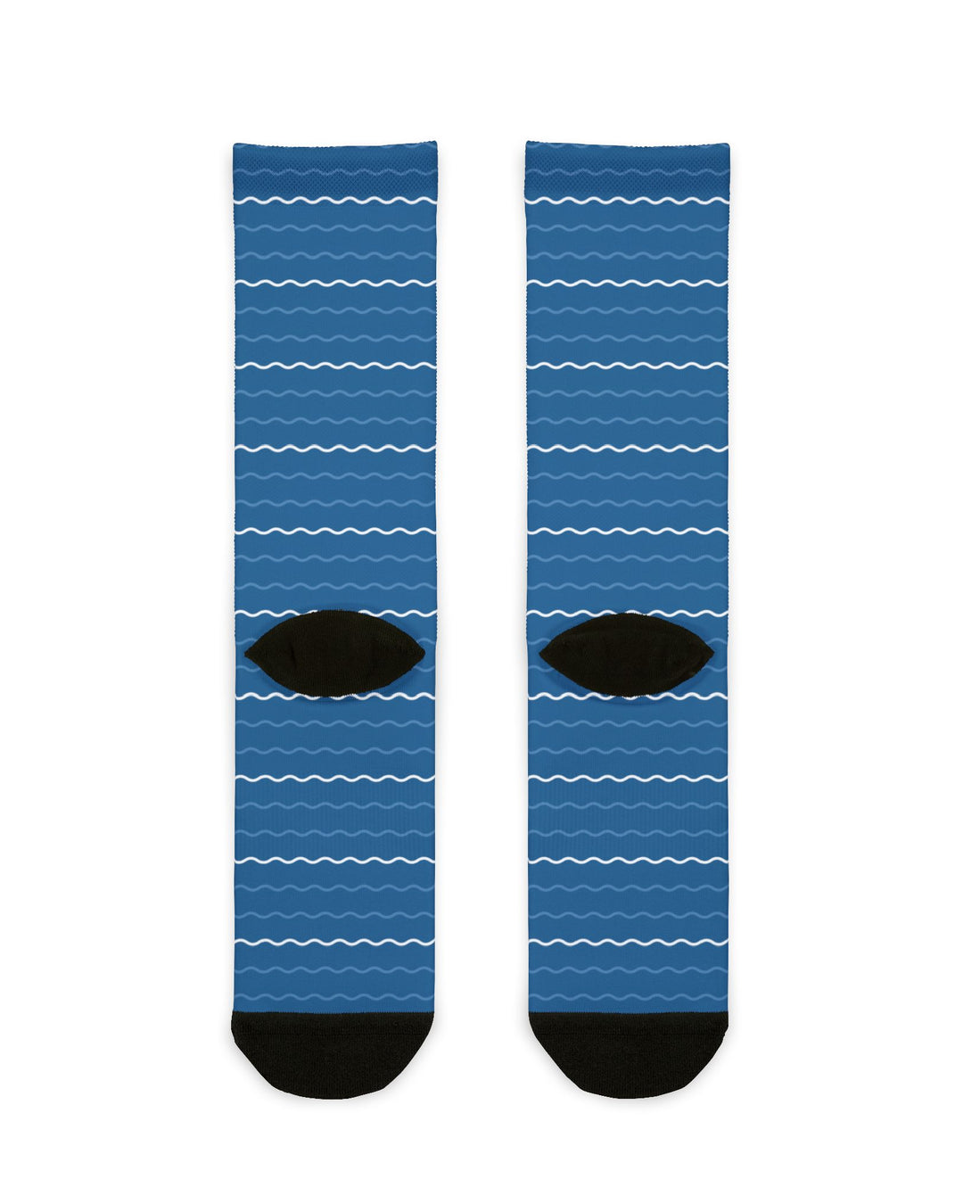 Back of the Seas the Day socks laid flat, blue crew socks with thin white wave lines and black heels