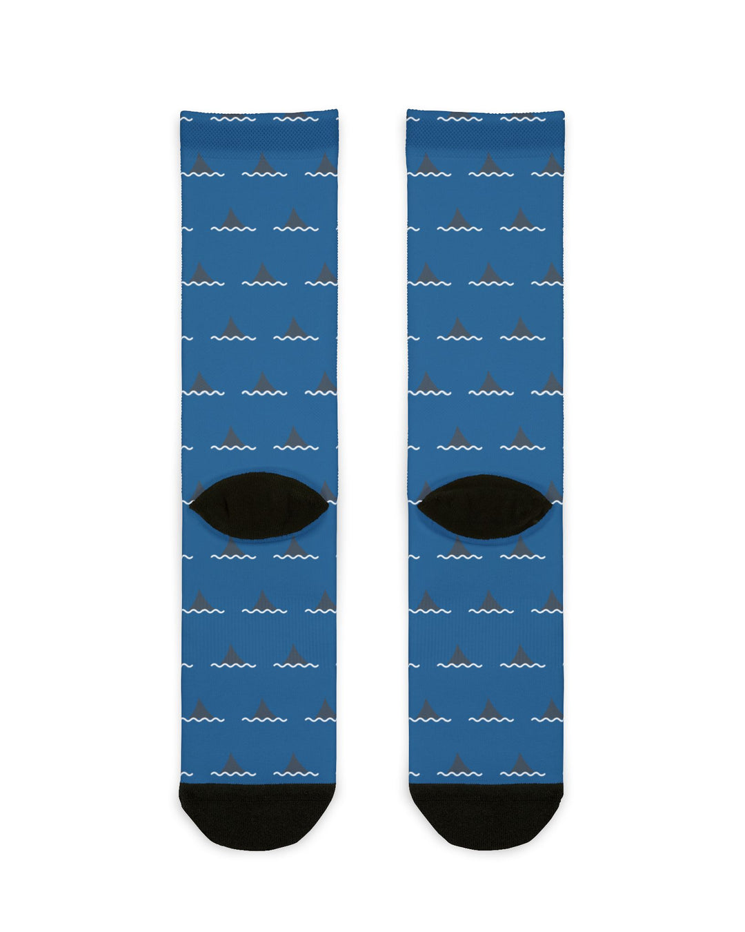 Back of Dun Dun Shark Fin funny beach socks laid flat, blue shark fin pattern with black heels and toes