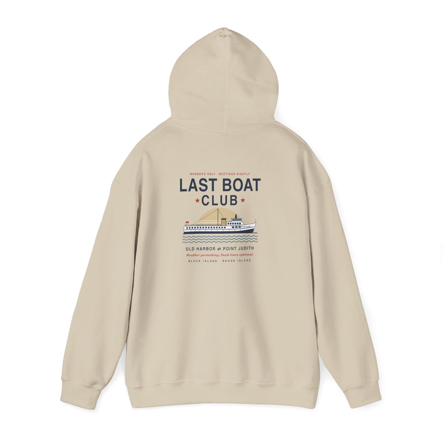 Last Boat Club hoodie: M/V BLOCK ISLAND ferry against a striped sunset, Block Island R.I. — view 19