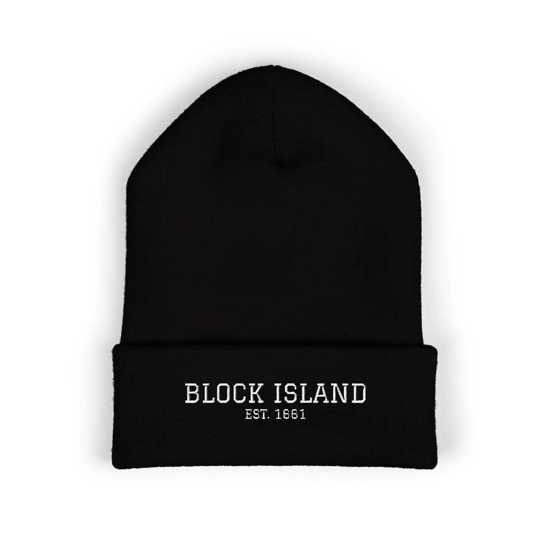 Block Island Embroidered Cuffed Beanie in Black, BlockBoundRI