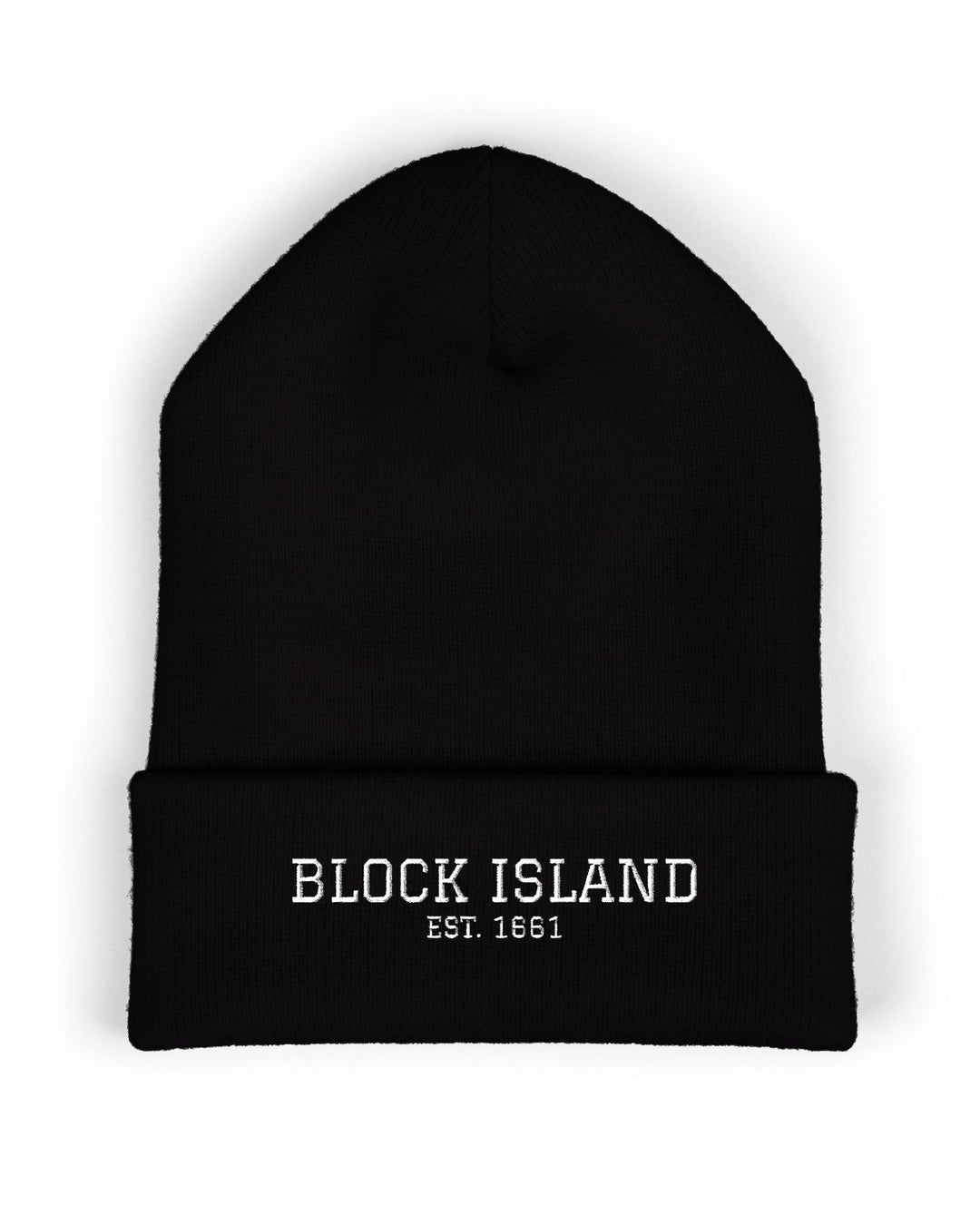 Black cuffed Block Island beanie, front view of the white Block Island Est. 1661 embroidered text